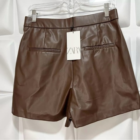Zara Sz L Brown Faux Leather High Rise Shorts Vegan Stretch Pockets NWT NEW - Picture 14 of 16